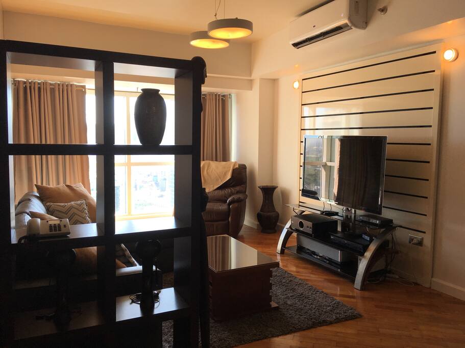 50' flat screen with blu ray player. L-shaped sofa bed, and lazy boy.