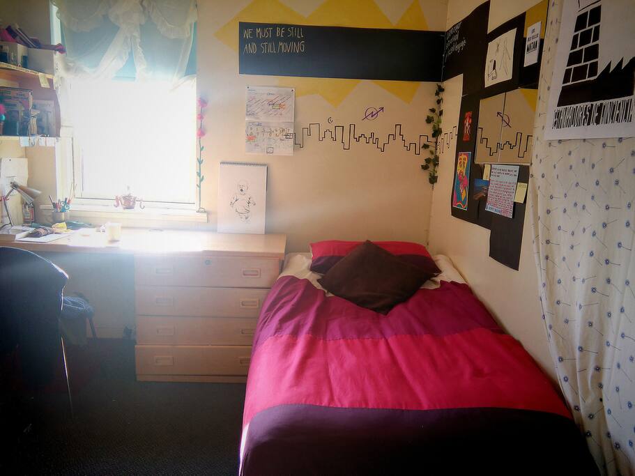 Bed-room on a sunny morning. (I have a double-matress now so even comfier!)