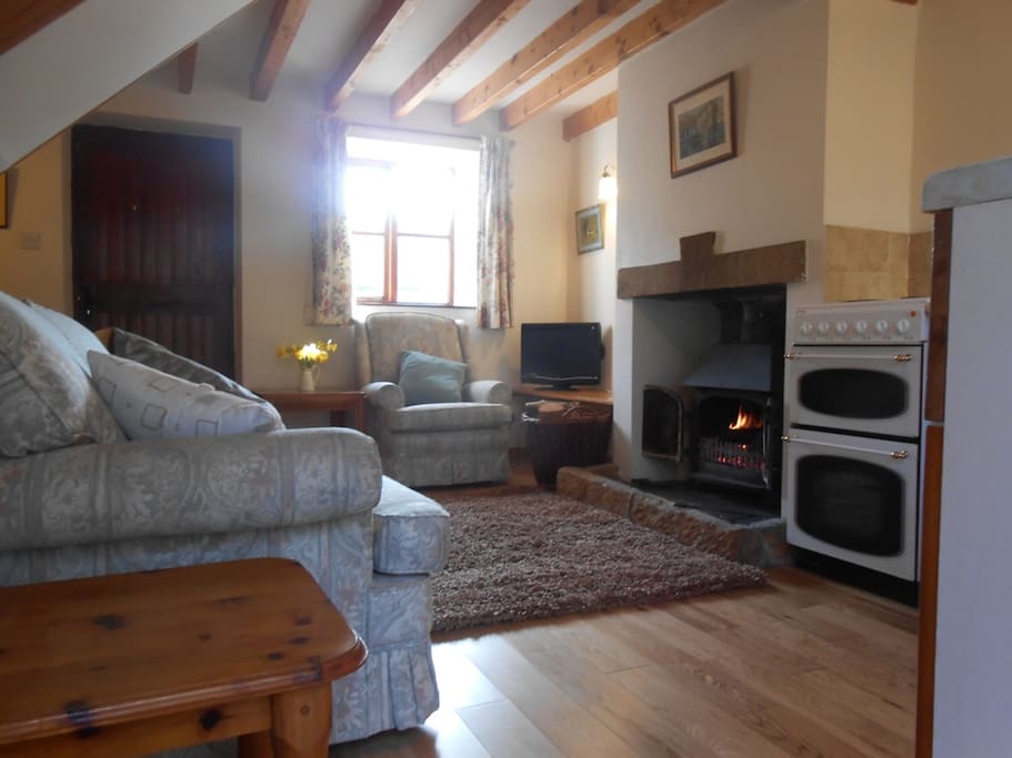 Lounge with sofa bed and woodburning stove