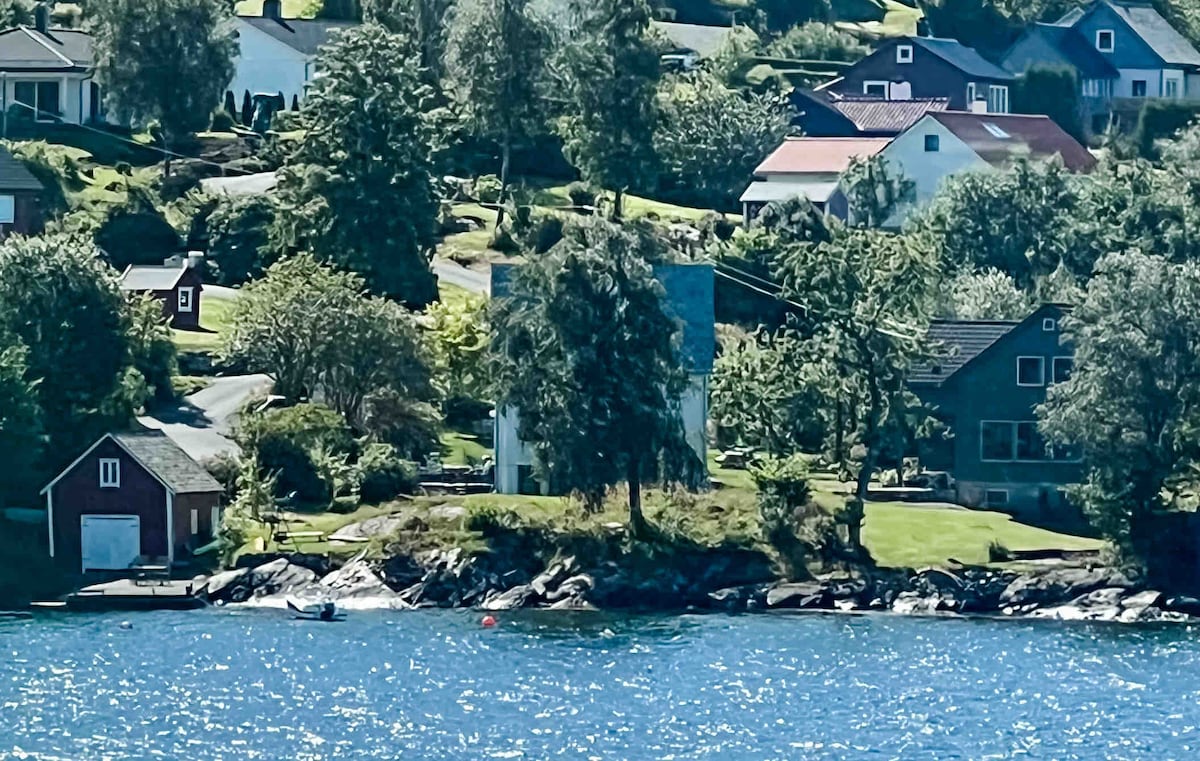 A picturesque view of a coastal community showcases a blend of greenery and residential architecture. The image highlights homes set on varying elevations along a waterfront, with lush trees and well-maintained gardens leading to rocky shorelines.