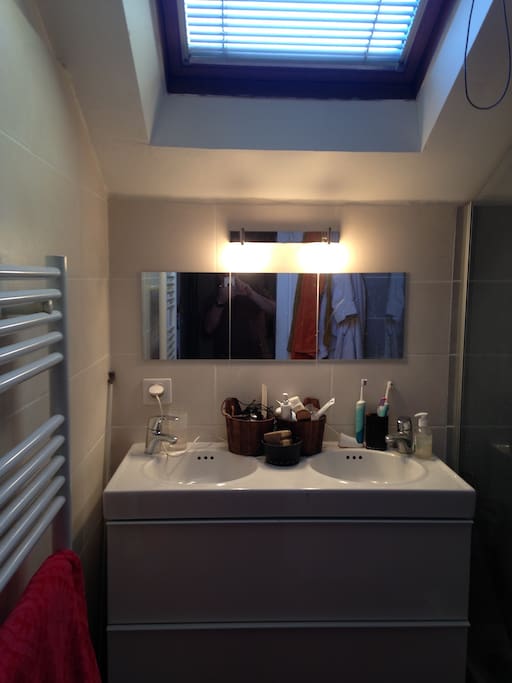 Salle de bain avec double vasque et douche à l'italienne .