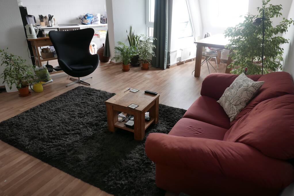 Bright living room, with comfy couch, egg chair and dinner table