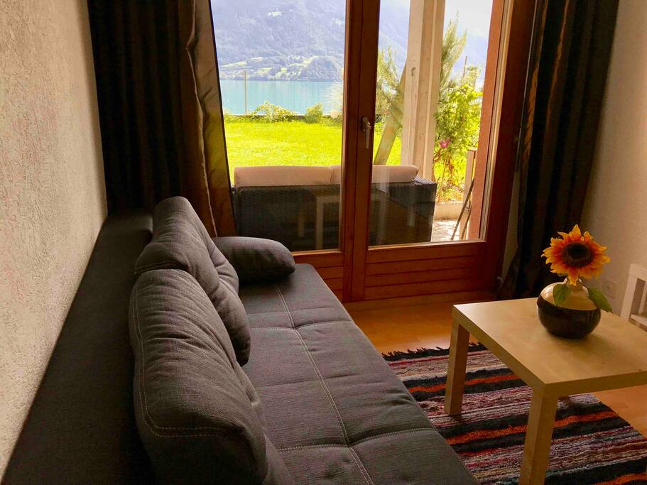 Sofa and tv with Swiss channels