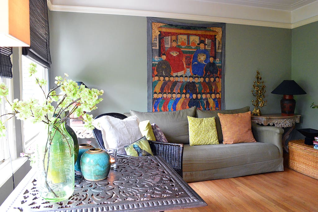 The living room, with some artsy deco