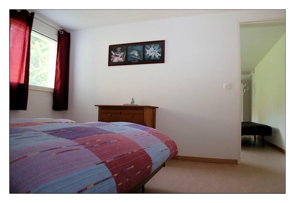 Chambre à coucher principale (15m2), lit (160cm), armoire avec cintres, commode et miroir.