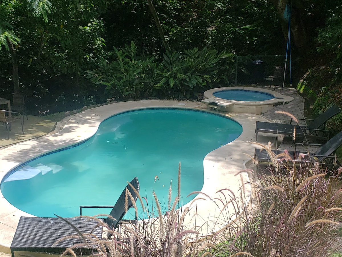 A refreshing swimming pool is surrounded by lush greenery, with a small hot tub positioned nearby. Lounge chairs are arranged around the pool area, providing spaces for relaxation. Natural flora enhances the serene environment.