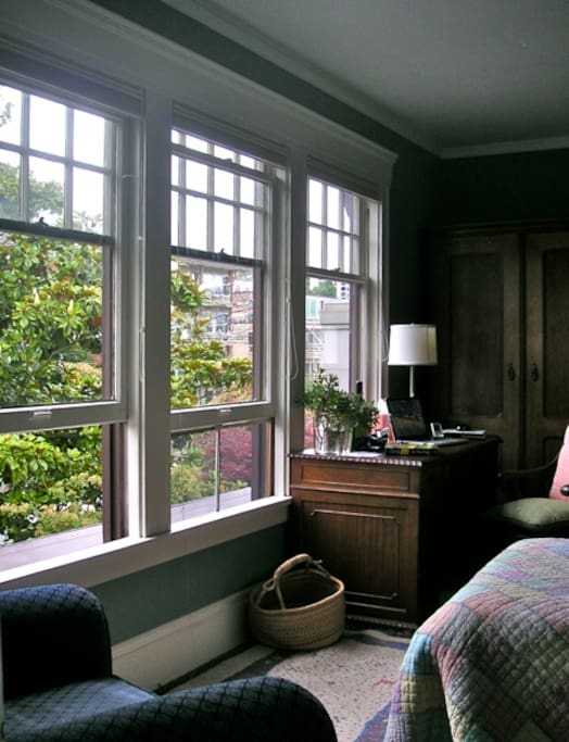 Huge windows overlooking garden and cherry trees