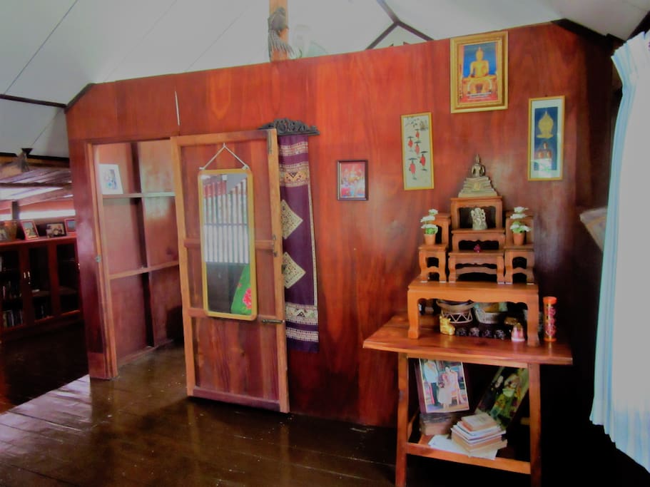 The entrance room to the Lost Bungalo. There are many pictures from our travels, Silk and other handicrafts, and most importantly a Buddha Shrine to secure good luck and protection for your stay.