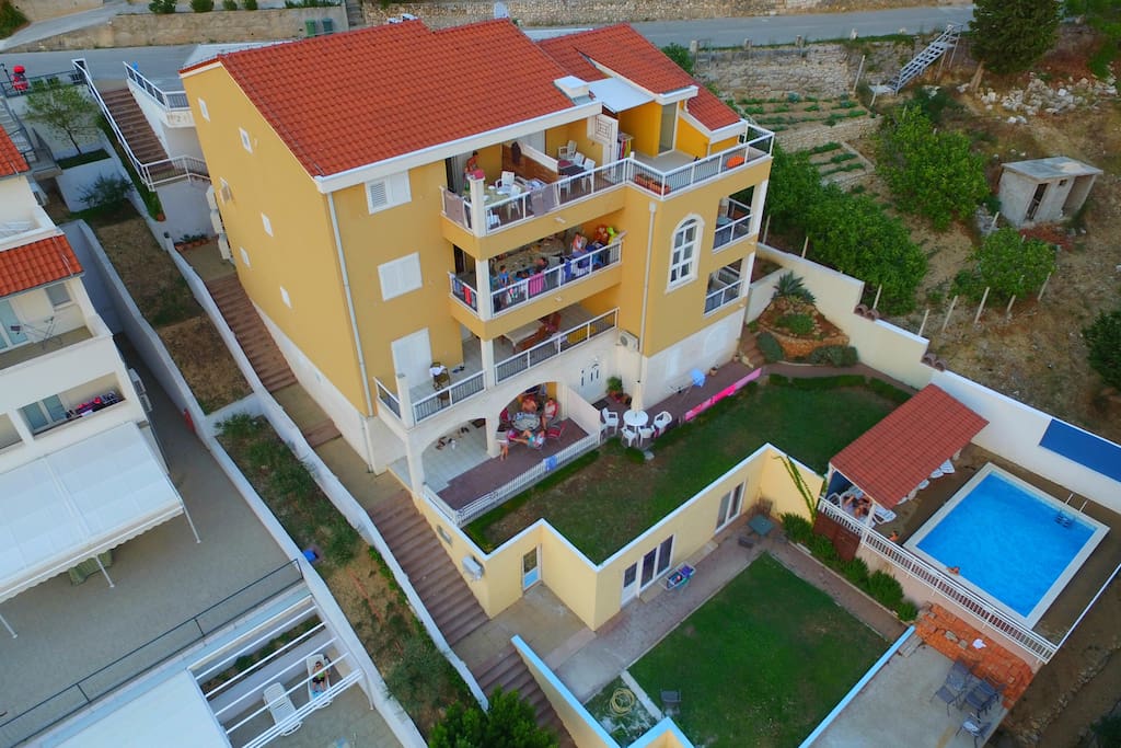 Bird's eye view of the house and communal pool