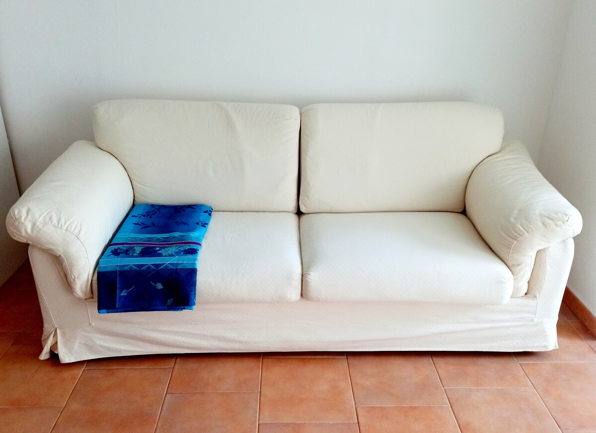 Elegante sofá que, si es necesario, se convierte en una cama cómoda con un cuadrado y medio. 
La sala de estar donde se encuentra el sofá está equipada con aire acondicionado y TV inteligente. 