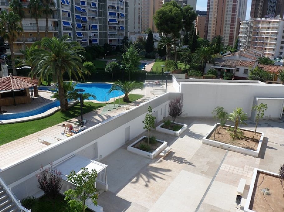 garden and pool view from apartment