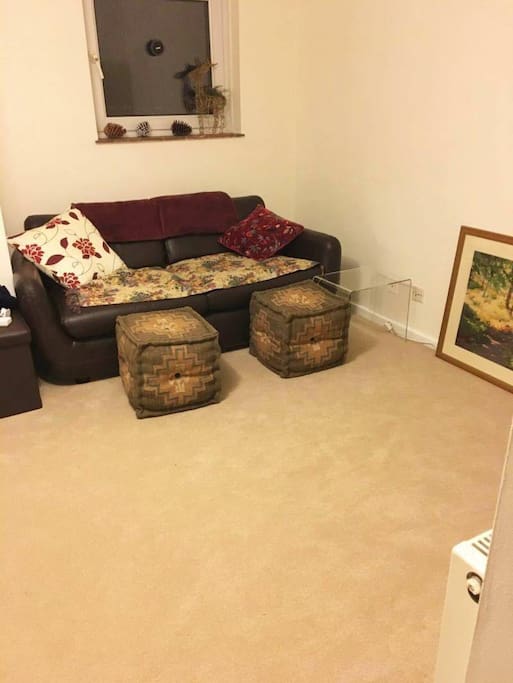 Cosy living room with large TV opposite sofa