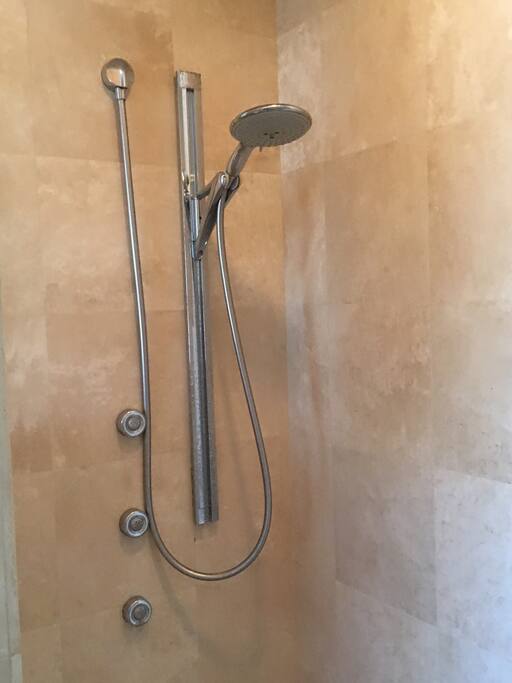 Updated marble shower with wall sprays hand held shower / rain shower