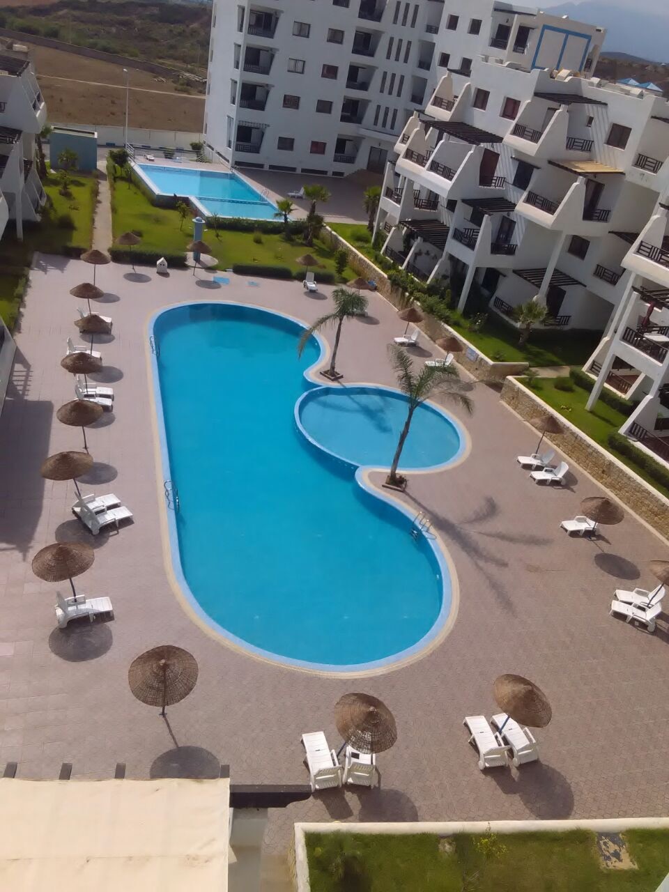 Two inviting swimming pools are surrounded by palm trees and lounge chairs, providing a relaxing atmosphere. Umbrella shades dot the poolside area, enhancing comfort for sunbathers. A manicured lawn and modern buildings frame the scene, contributing to a peaceful ambiance.