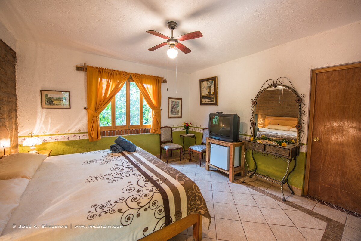 A spacious room features a large bed with decorative bedding set against a light-colored wall. A ceiling fan provides airflow. Natural light enters through a window with orange curtains, illuminating a seating area and a small television. A wooden dresser holds a mirror, adding to the rustic charm.