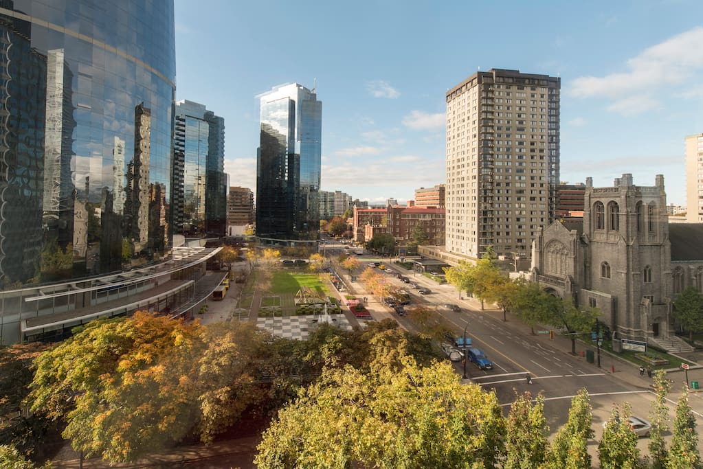 Stunning view with LOTS of natural sunlight all day long. View over looks the Wall Centre courtyard, St. Andrew's Wesley Church, and St.Paul's Hospital