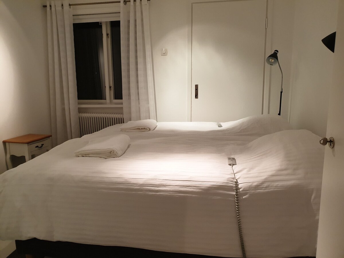 Საძინებელი ორი ინდივიდუალური, რეგულირებადი საწოლით ბრენდის Jensen-ის დისტანციური მართვის პულტით. Ხედი წინა ბაღზე. 