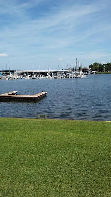 Spectacular Marina View from Living Room. Lawn below for picnics at the lake.