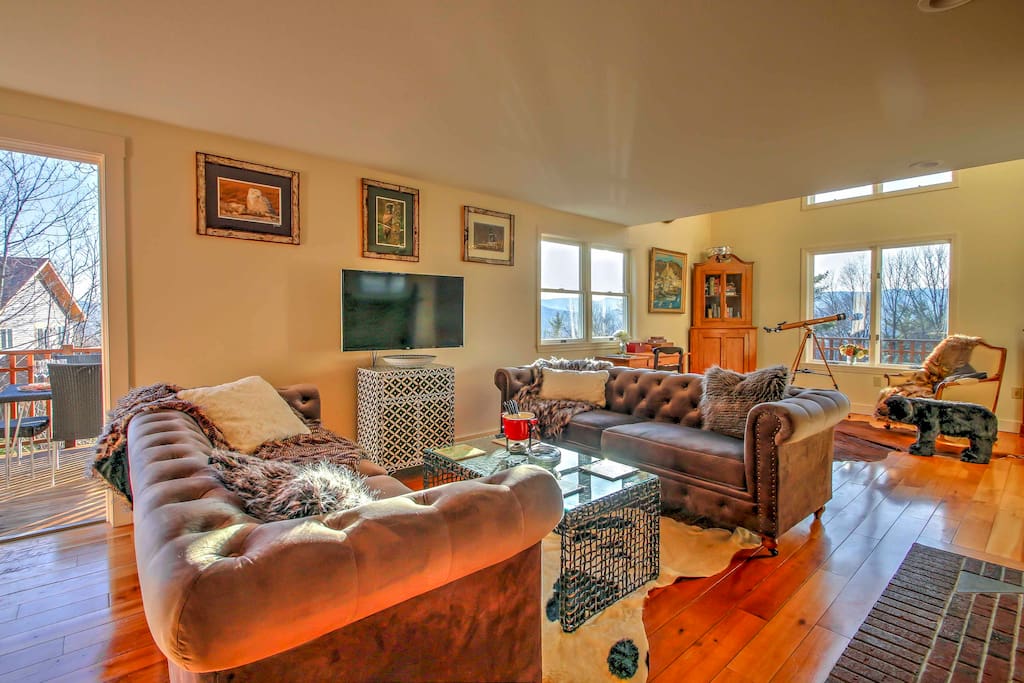The living room offers a Roku 43-inch TV, Galieo telescope, bear footstool, child-safe Dimplex Stockbridge wood stove and 180-degree panoramic views.