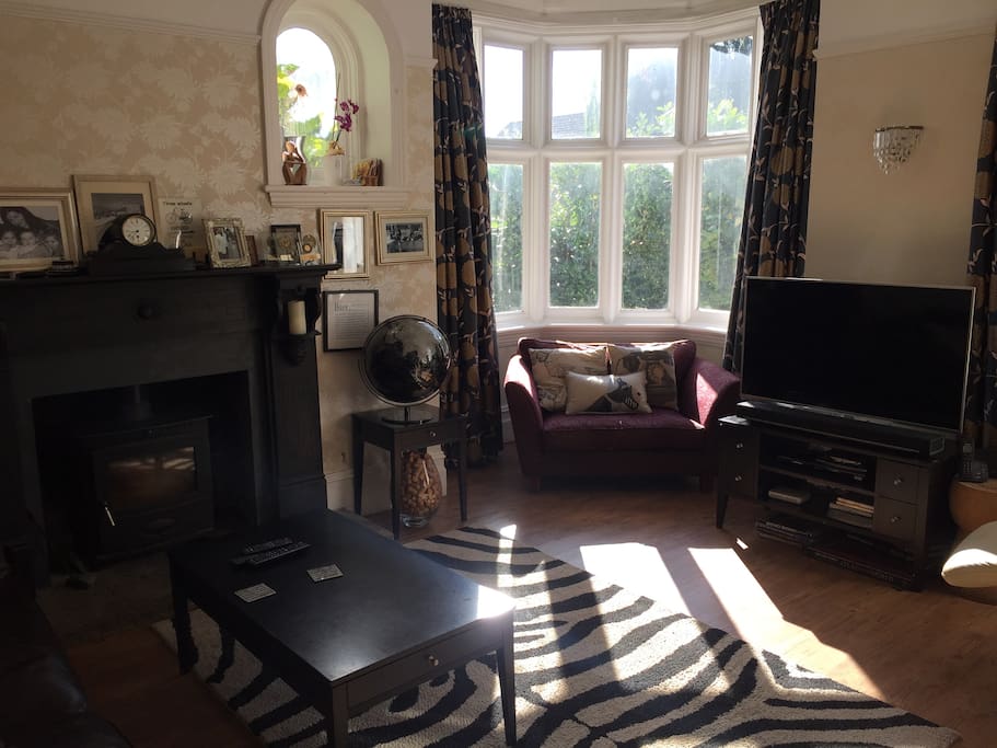 Drawing room with wood burning stove and TV, blue ray 3D DVD player, Bose sound link