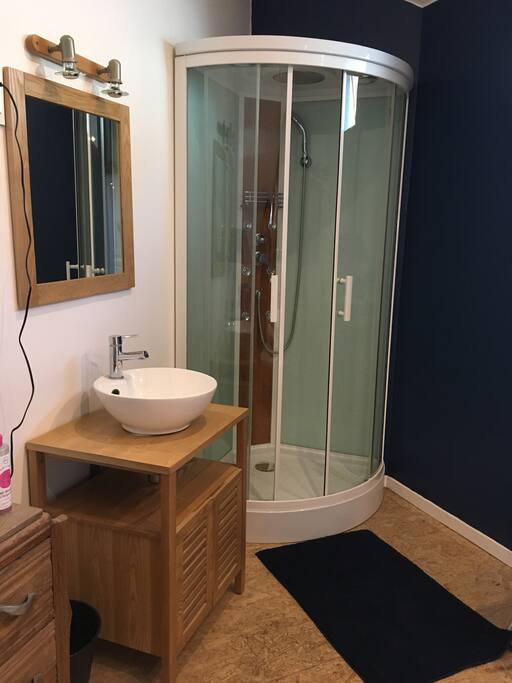 Le coin lavabo et douche dans la chambre