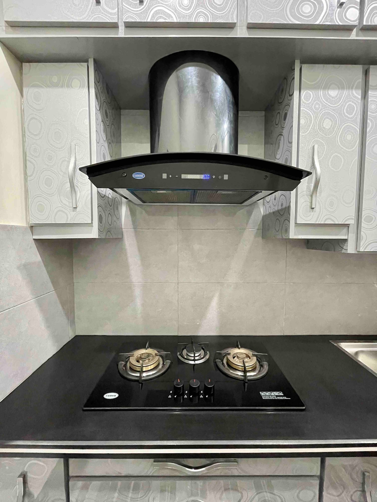 A modern kitchen area is equipped with a black gas stove featuring two burners and a sleek range hood above. Light grey cabinets with a subtle design complement the dark countertop. A stainless steel sink is visible nearby, reflecting a clean and organized space.