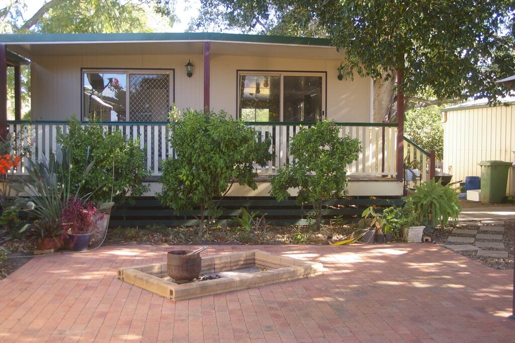 Front of unit with outdoor fireplace