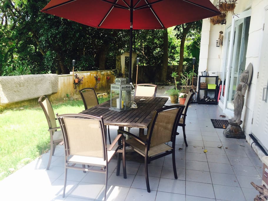 Outdoor garden table, main house is on your right