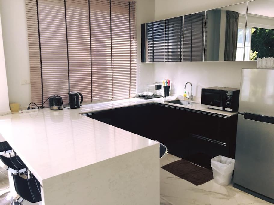 Our kitchen is equipped with microwave , toaster, kettle and refrigerator.