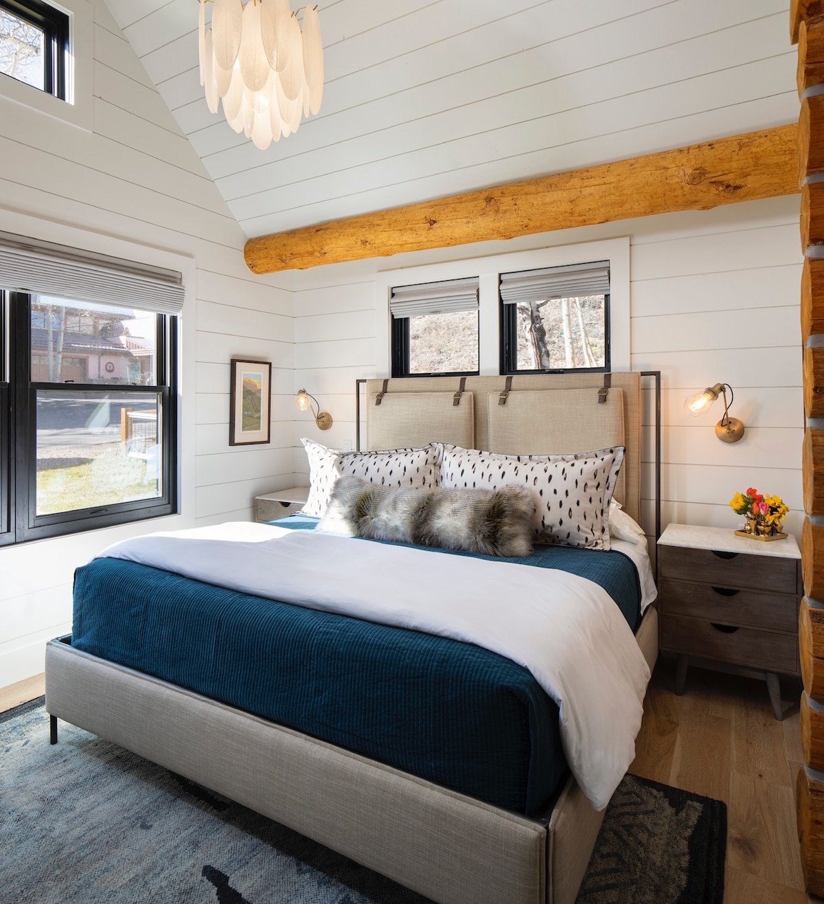 Main-Level Master Suite: King bed + fireplace + soaking tub/steam shower