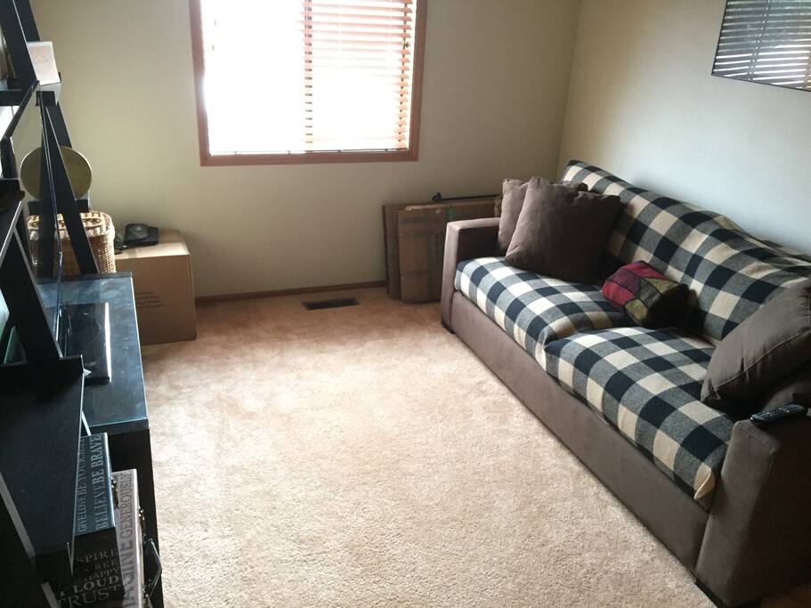 Separate living room space or bedroom, flat screen TV with cable channels, ceiling fan with lights, oversized couch with Queen sized pull out bed. Large closet and storage. Linens and towels included. Locked door. Wifi