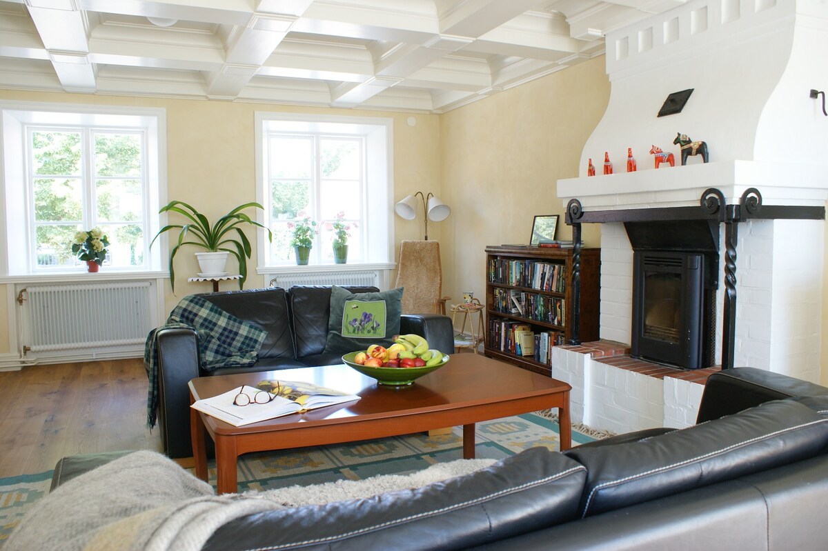 A spacious living area is characterized by a cozy seating arrangement featuring dark leather sofas. A decorative bowl of fresh fruit sits on a wooden table. A fireplace with a white surround is visible, complemented by built-in shelves filled with books. Natural light filters through large windows.