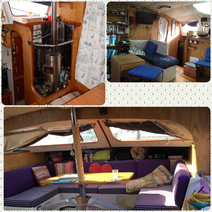 Kajuit met oliekachel, lounge-, zithoek en navigatiehoek