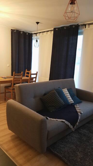 Big sofa in the living room which can be used as a double-bed