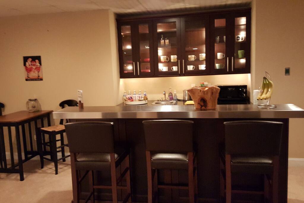 Kitchenette stocked with coffee, tea, hot chocolate and snacks