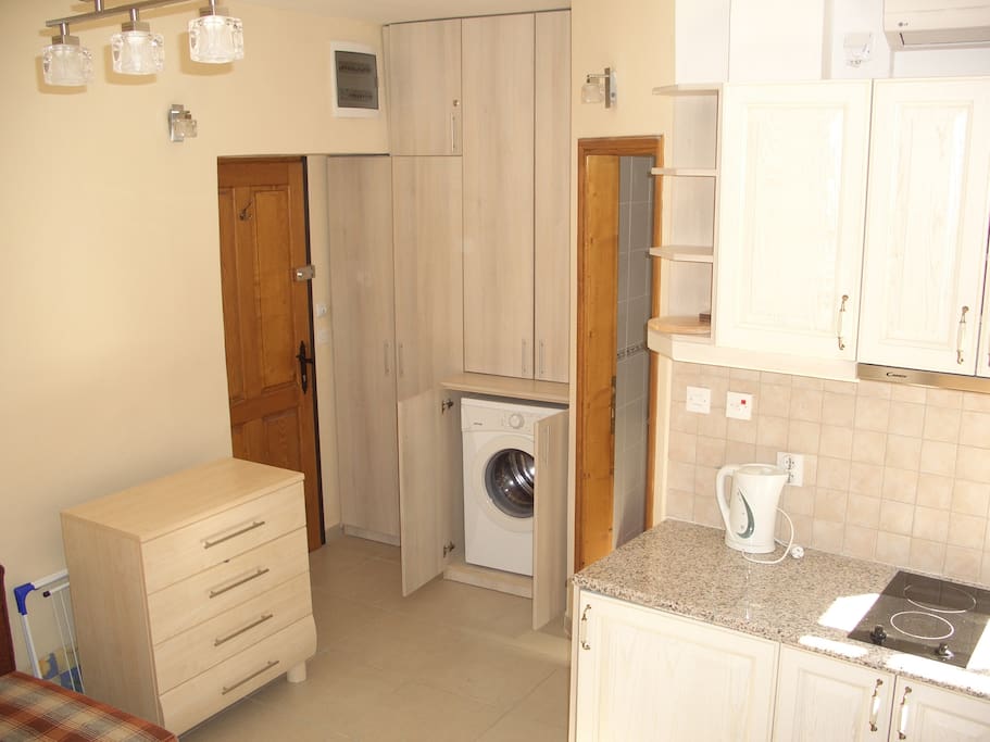 View from windows to Kitchenette, front door (to left), bathroom door (to right) and wardrobe with washing machine