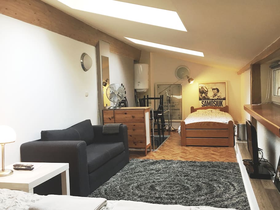 Comfy Sofa, small coffee table and TV