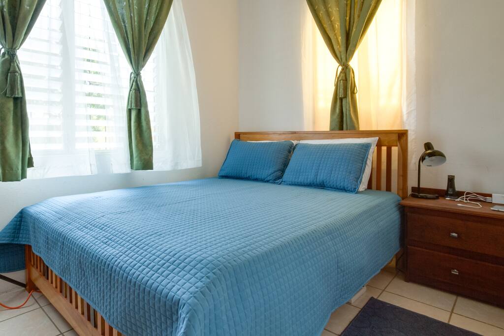South Bedroom - Queen Bed, Night Stand with USB charging station, and phone