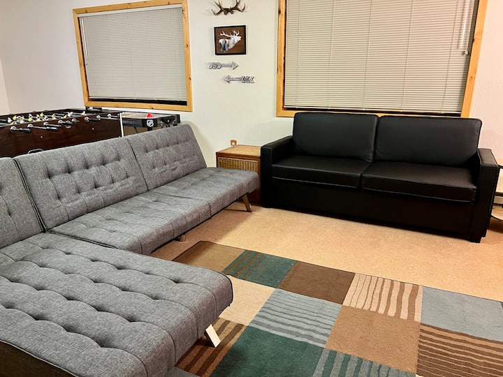 Canapé-lit et futon de la salle de jeux au sous-sol (drap, drap plat, flanelle, couette et oreillers disponibles).