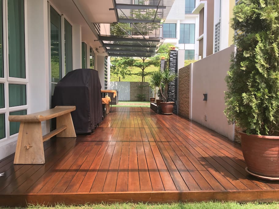 Wooden deck area with water fountain
