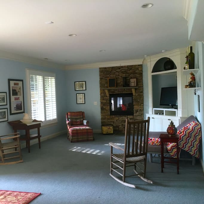 The spacious living room with gas fire place.