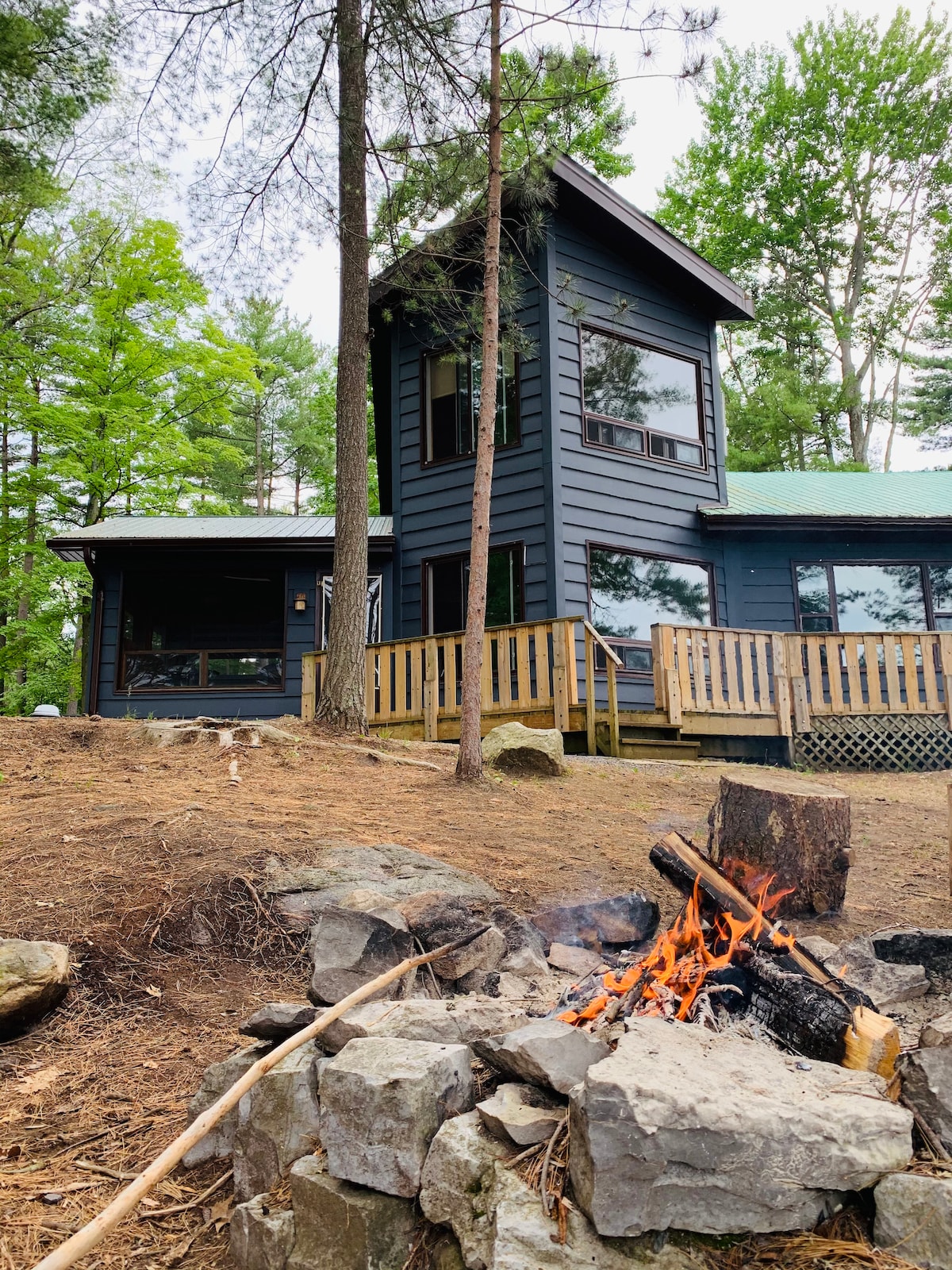 The cottage exterior is framed by tall trees, showcasing a modern design with large windows. A wooden deck surrounds the structure, providing outdoor space. A fire pit with logs and flames adds warmth to the scene, inviting gatherings by the lakeside.
