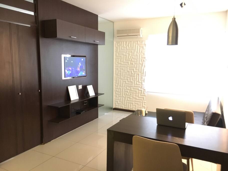 The rotational TV, facing the living room
