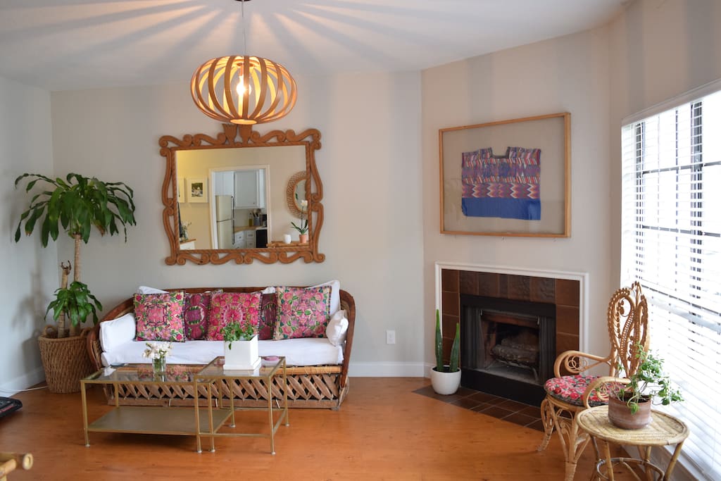 The living room is decorated with textiles from around the globe!