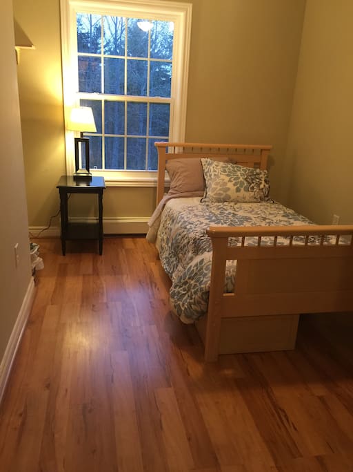 This small bedroom (BR #2) has a twin bed, night stand and closet.