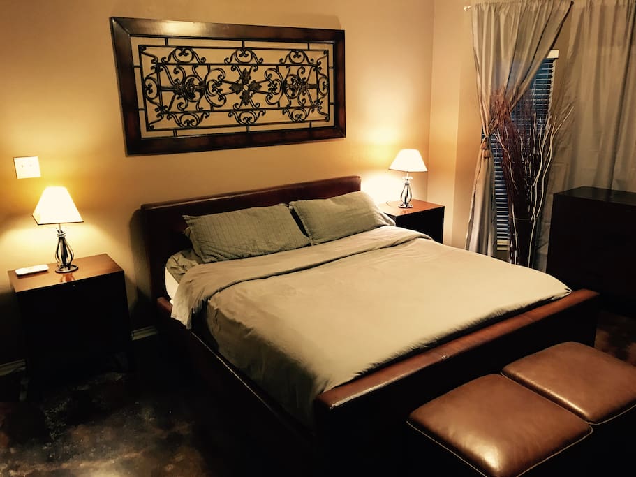 Master bedroom with California King sized bed