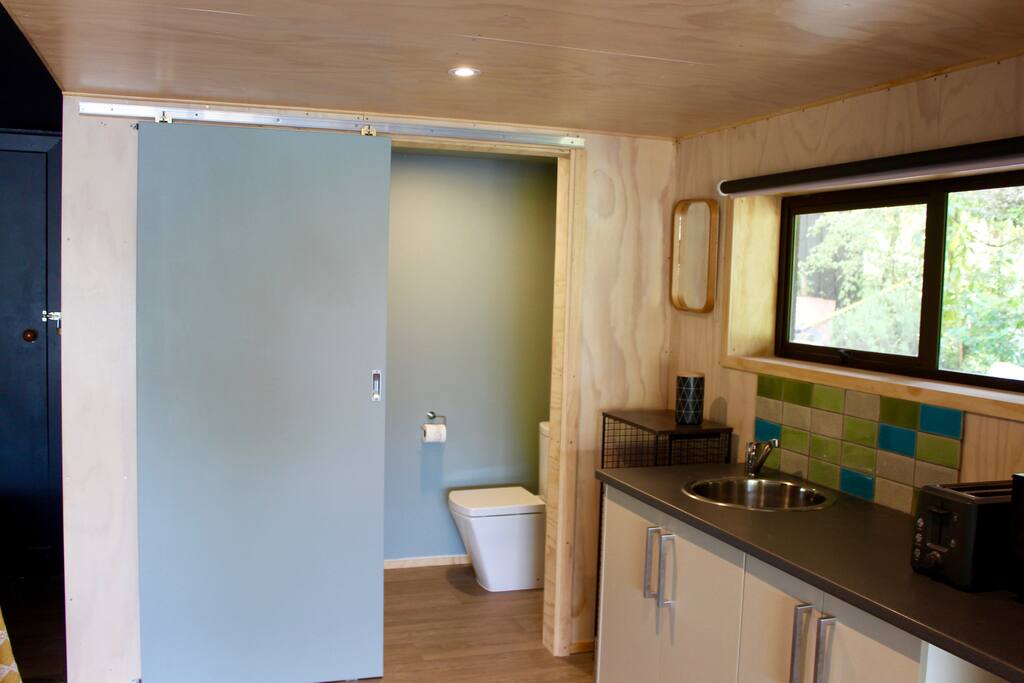 Kitchen and bathroom with shower