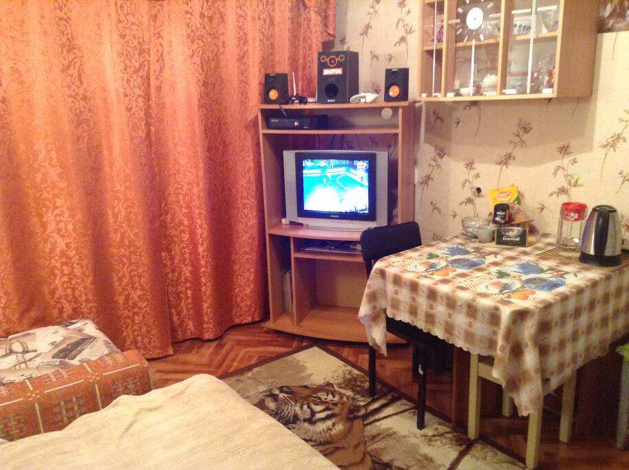 В вашем распоряжении все что на фото ( телевизор, игровая приставка Xbox 360, акустическая система). Обеденная зона ( стол, два стула, чайник) Посуда и приборы на кухне