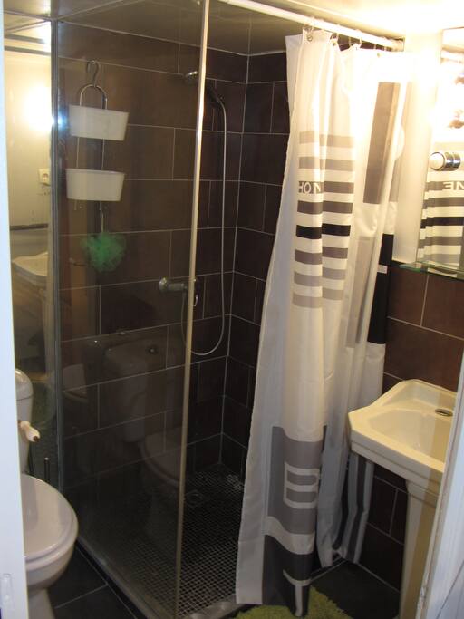 Salle de bains avec douche, toilettes, lavabo et miroir