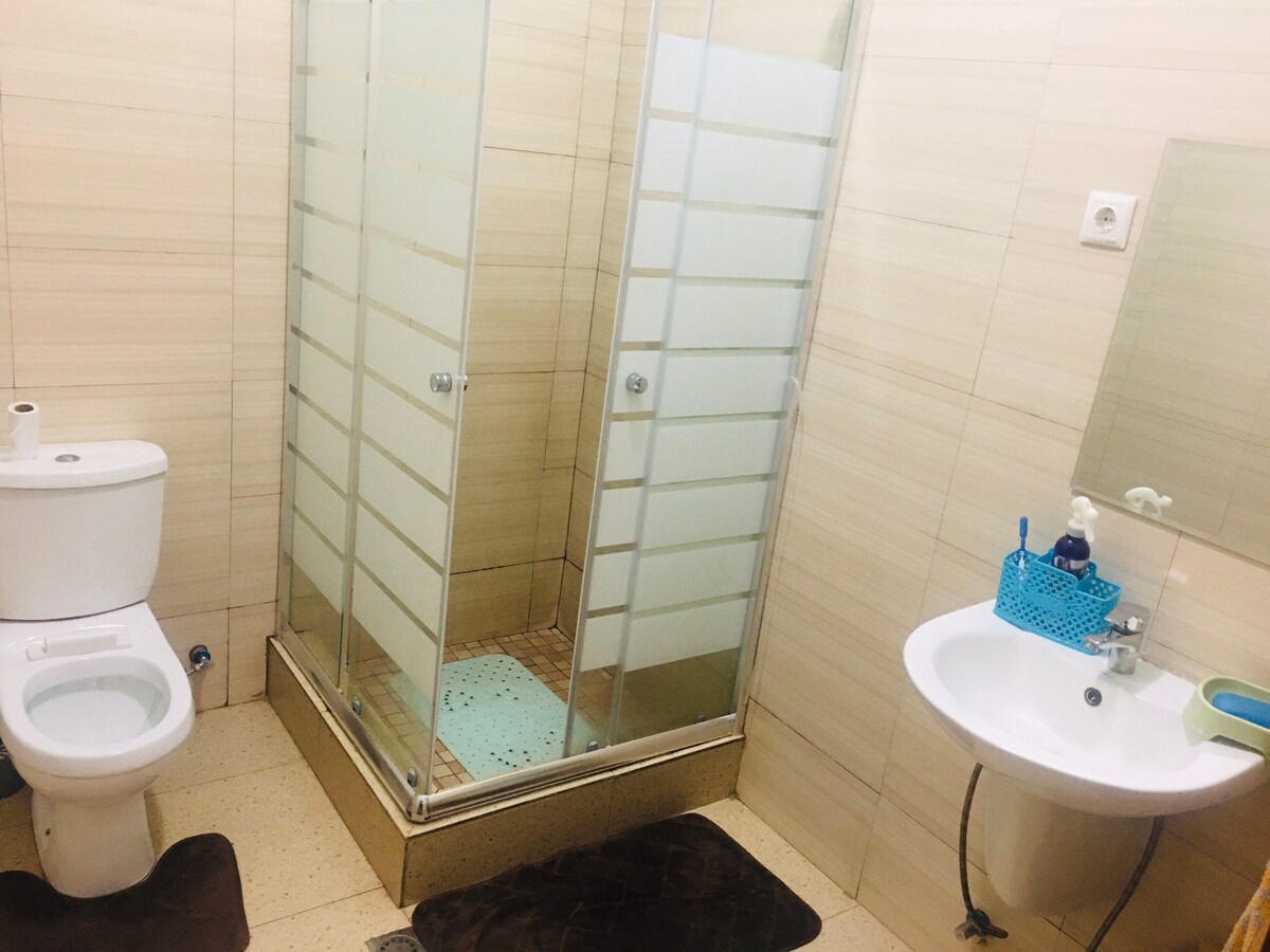 The bathroom features a spacious standing shower enclosed in glass, accompanied by a modern toilet and a pedestal sink. Soft brown mats are placed on the floors, and toiletries can be found in a small blue basket near the sink.